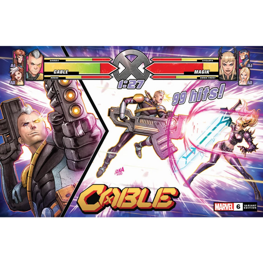 Epic comic cover showing Cable fighting Magik in an epic battle scene