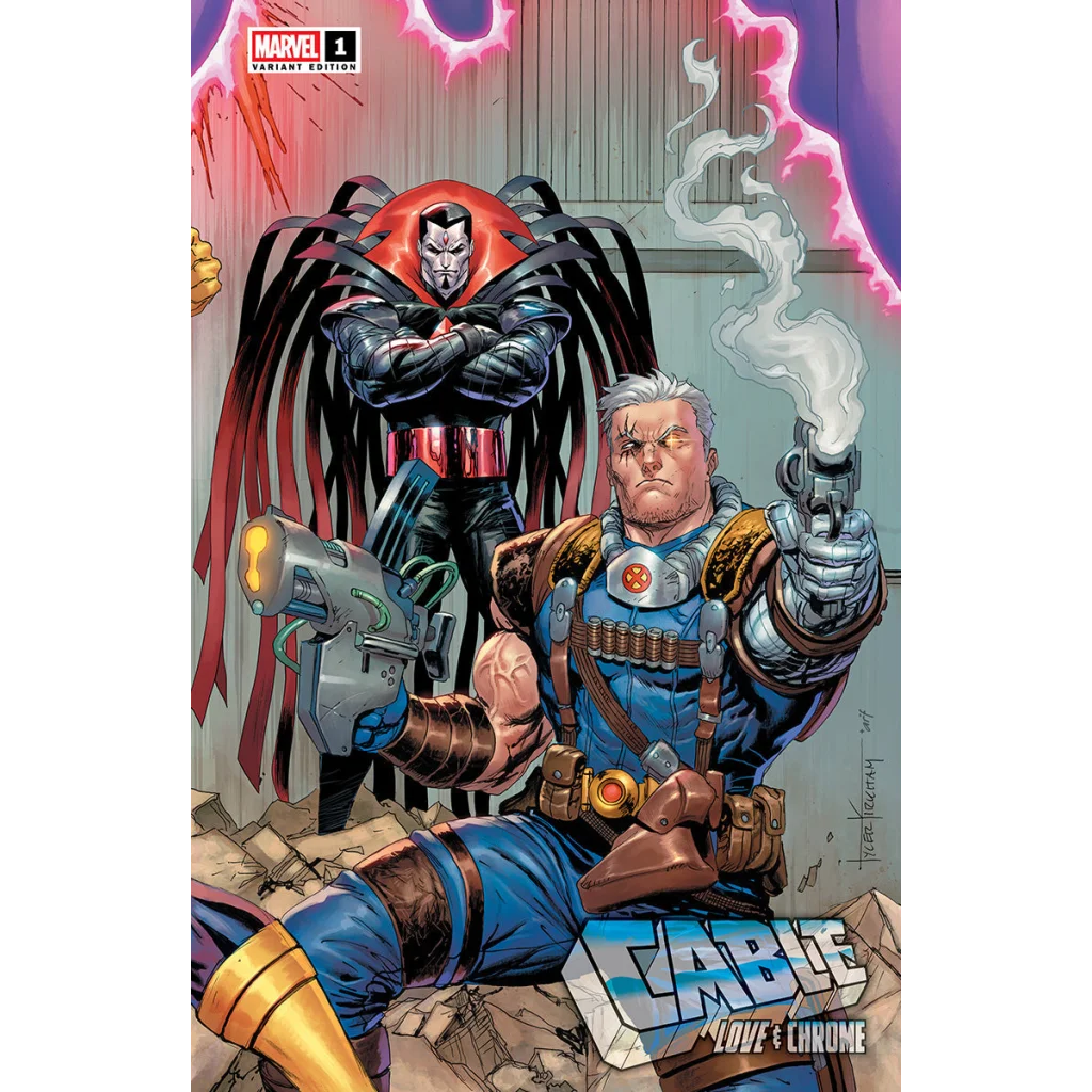Tyler Kirkham connecting cover comic book with two male characters, weapons, cloak