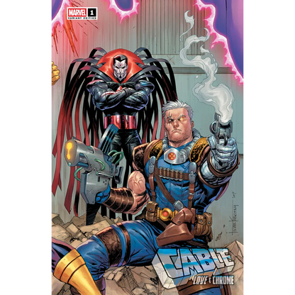Tyler Kirkham connecting cover comic book with two male characters, weapons, cloak