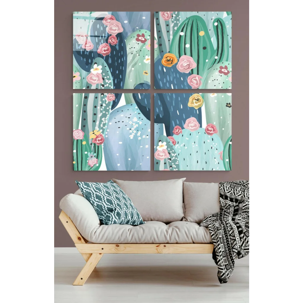 Stunning desert bloom glass wall art: 4-panel set with green cacti and pink yellow flowers on teal background