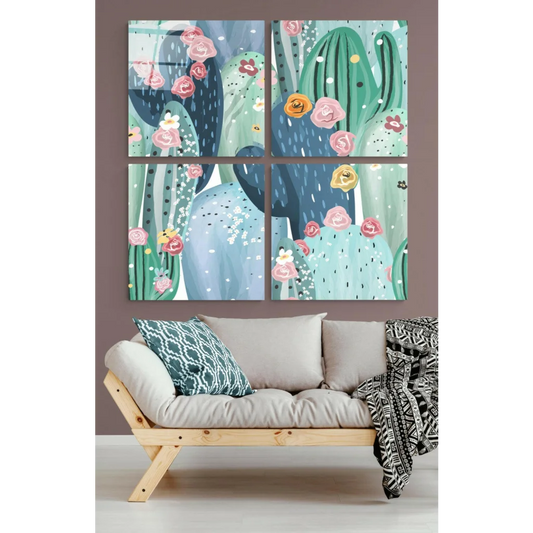 Stunning desert bloom glass wall art: 4-panel set with green cacti and pink yellow flowers on teal background