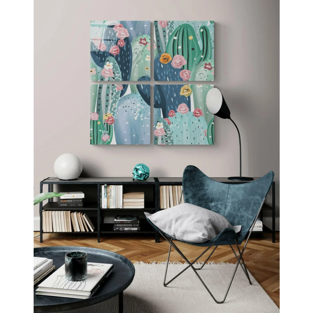 Blue velvet butterfly chair with black frame on stunning glass wall art