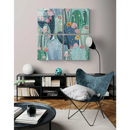 Blue velvet butterfly chair with black frame on stunning glass wall art