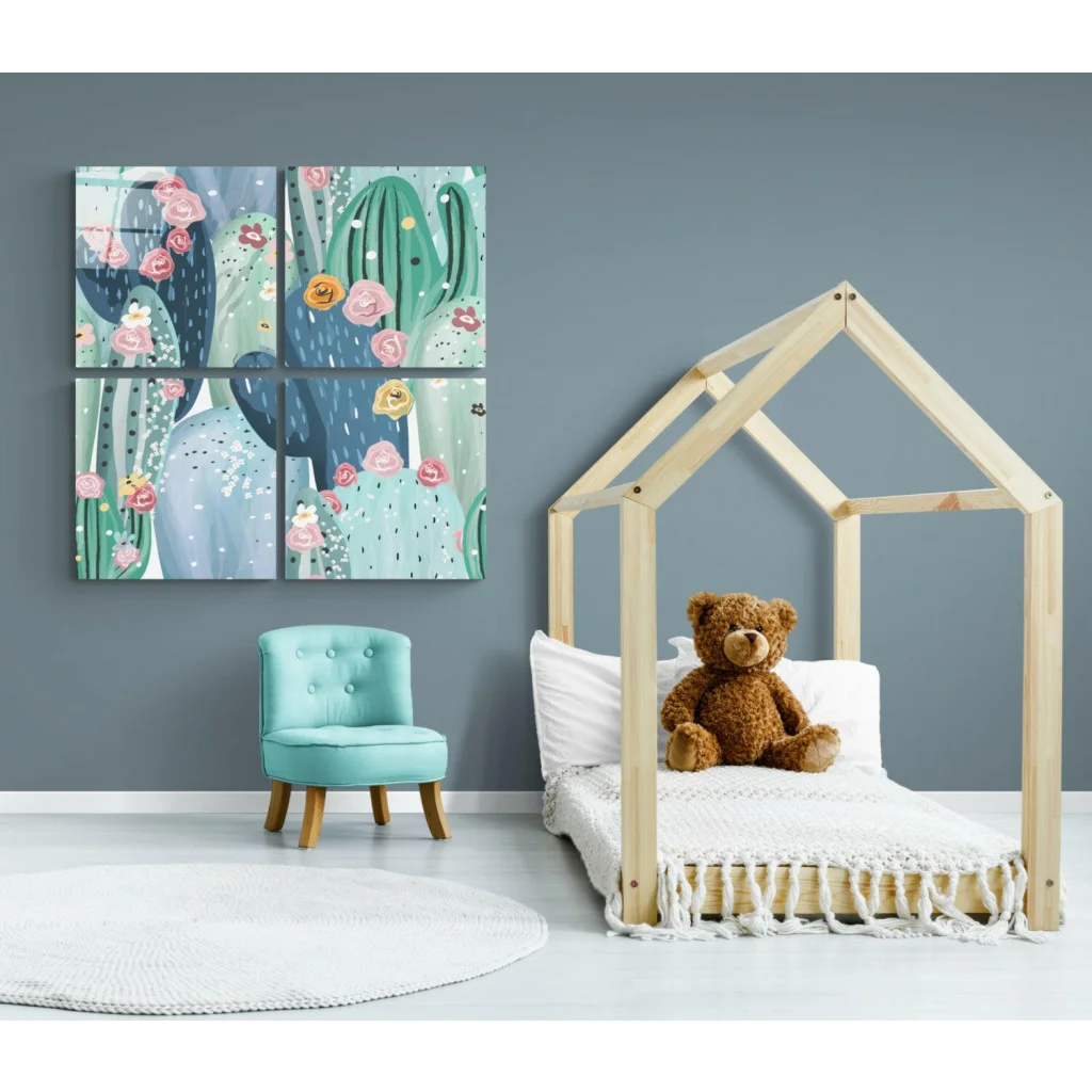 Charming wooden house bed frame with natural finish and white fringe, near stunning Desert Bloom glass wall art