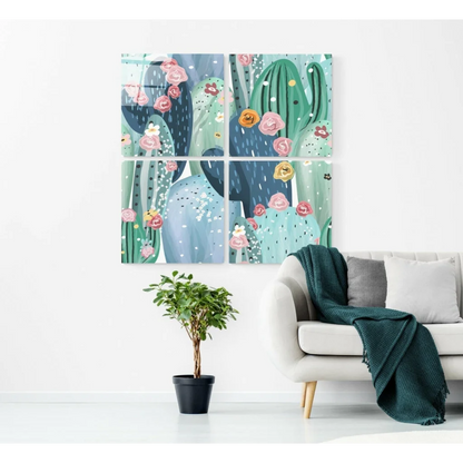 Vibrant four-panel glass wall art of green cacti with pink flowers on teal
