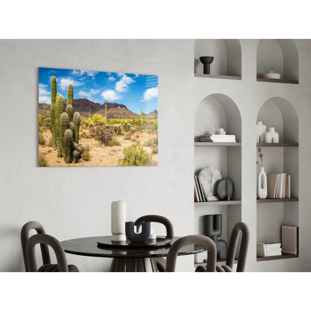 Vibrant desert glass wall art print with cacti and mountains