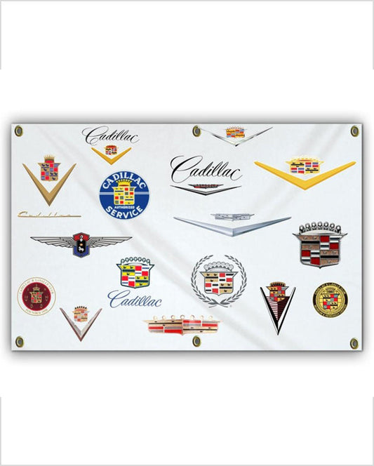Front view of a white banner with grommets, displaying Cadillac crest, wing, and script badges in gold, red, and blue.