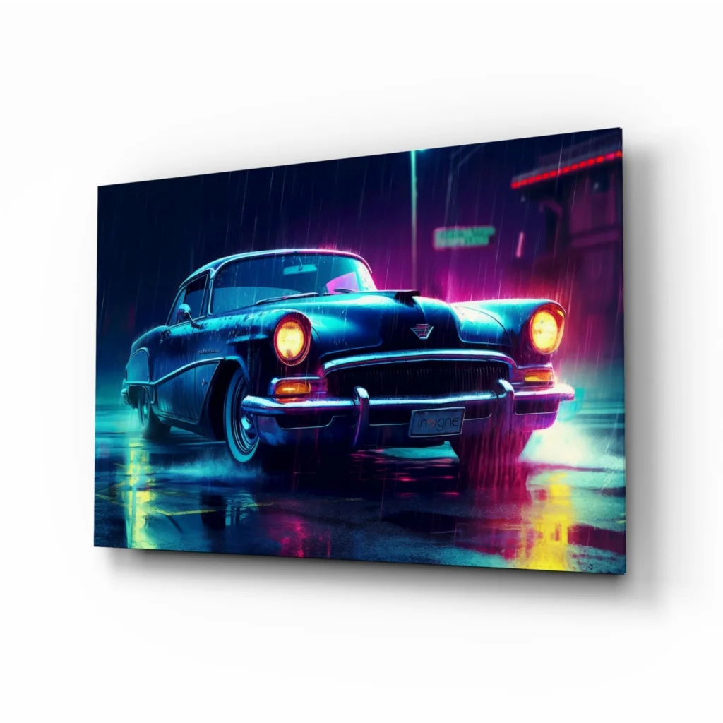 Neon Blue Car Glass Wall Art Canvas Print Rainy Night Streets | Insigneart USA | vintageantiquesgifts.com
