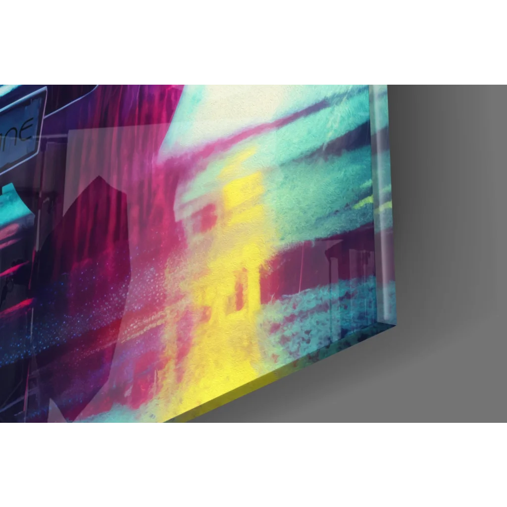 Vibrant neon blue car glass wall art canvas print with magenta teal yellow streaks on rainy night streets