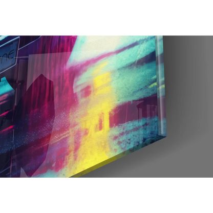 Vibrant neon blue car glass wall art canvas print with magenta teal yellow streaks on rainy night streets