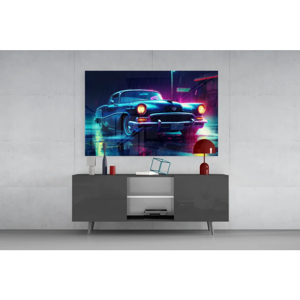 Vibrant neon blue car glass wall art canvas print on rainy night streets