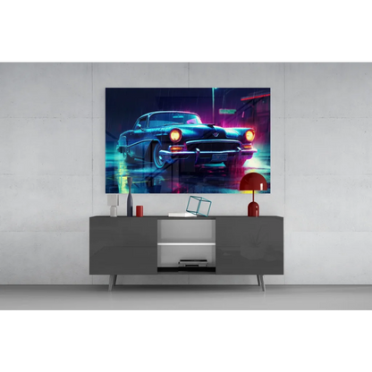 Vibrant neon blue car glass wall art canvas print on rainy night streets