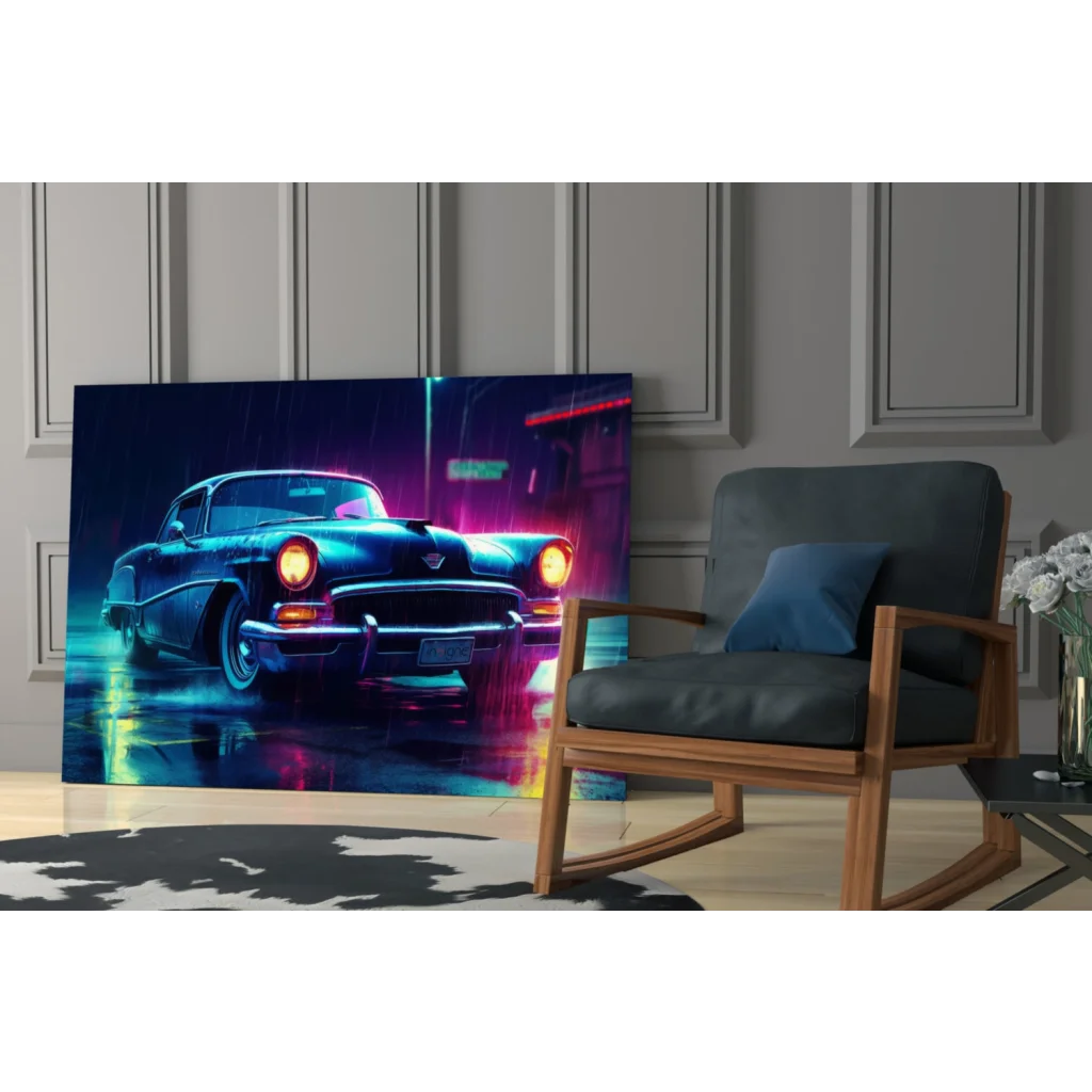 Neon blue car glass wall art on rainy night streets with orange headlights