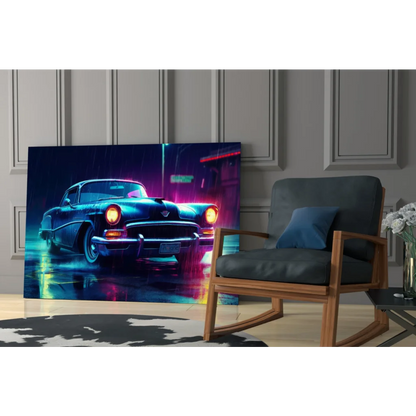 Neon blue car glass wall art on rainy night streets with orange headlights