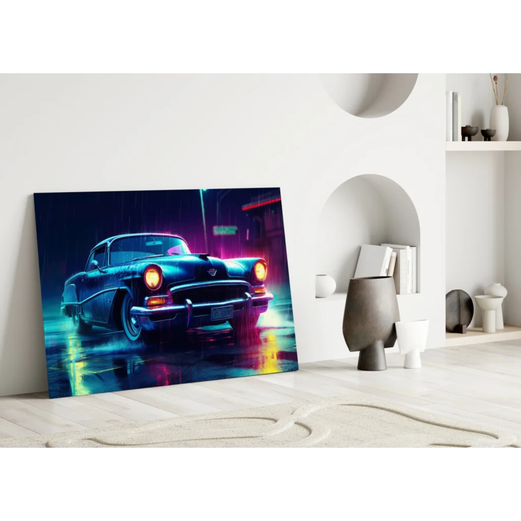 Neon Blue Car Glass Wall Art Canvas Print Rainy Night Streets | Modern Wall Art Decor | vintageantiquesgifts.com
