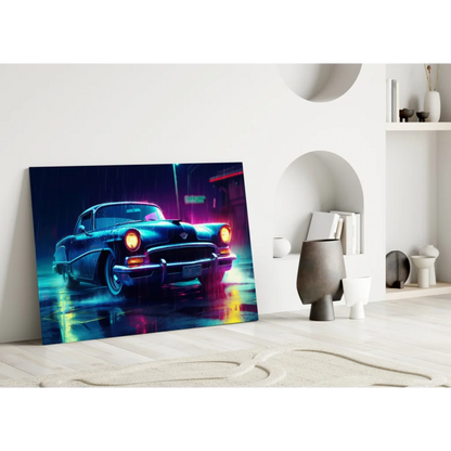 Neon Blue Car Glass Wall Art Canvas Print Rainy Night Streets | Modern Wall Art Decor | vintageantiquesgifts.com