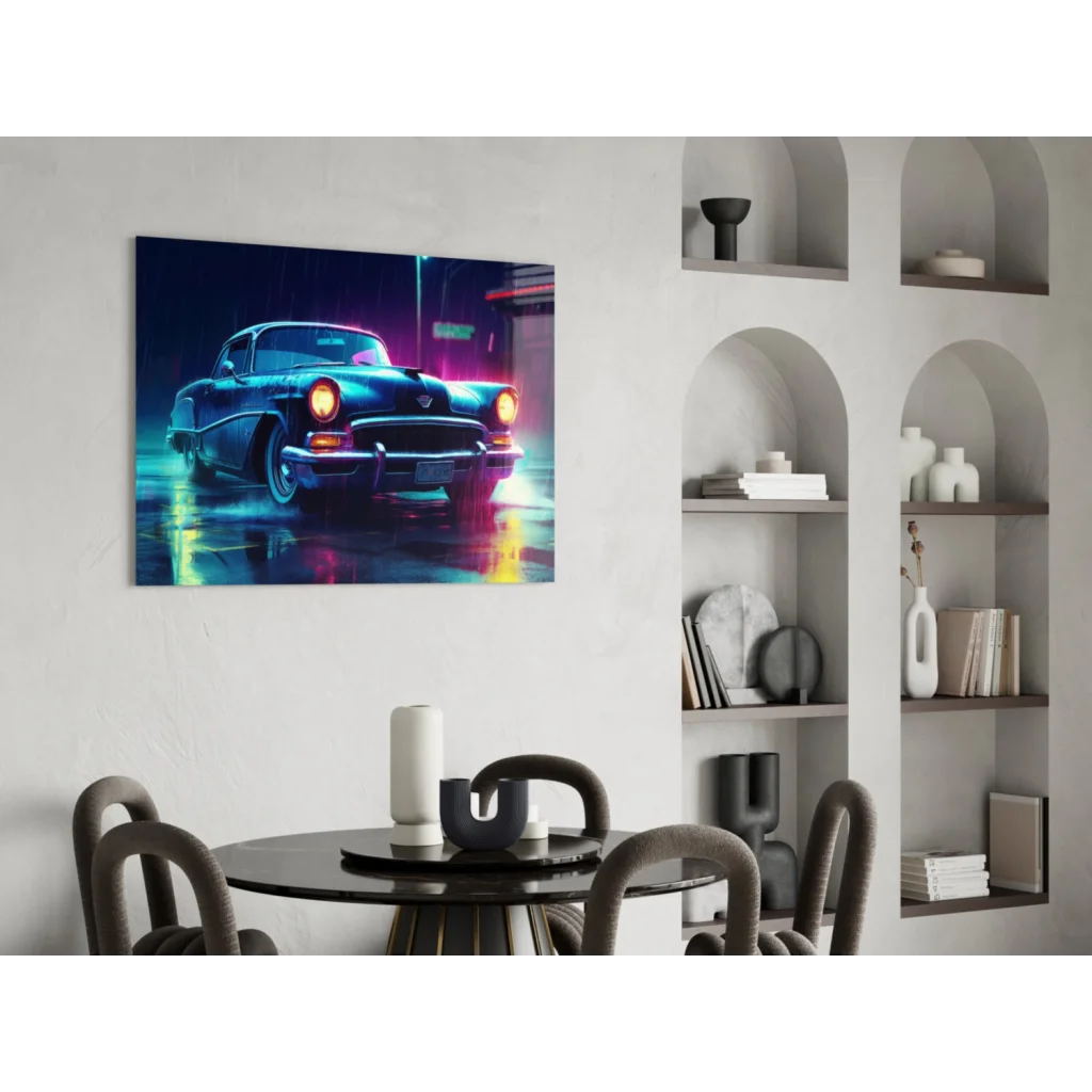 Neon blue vintage car on rainy streets glass wall art with glowing orange headlights