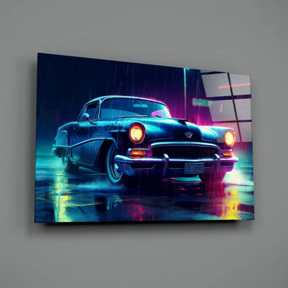 Neon Blue Car Glass Wall Art Canvas Print Rainy Night Streets | Glass Wall Art Print | vintageantiquesgifts.com