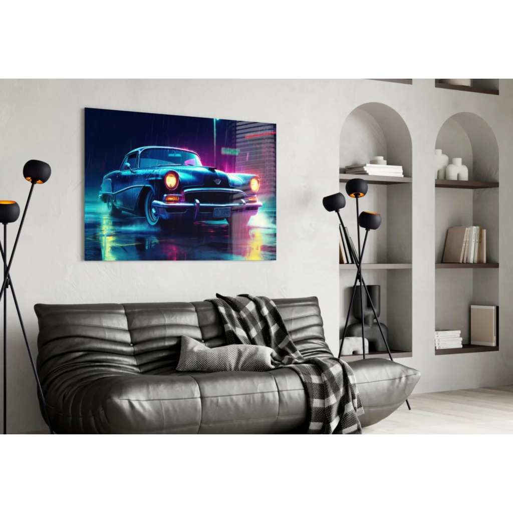 Neon Blue Car Glass Wall Art Canvas Print Rainy Night Streets | Contemporary Home Wall Art | vintageantiquesgifts.com