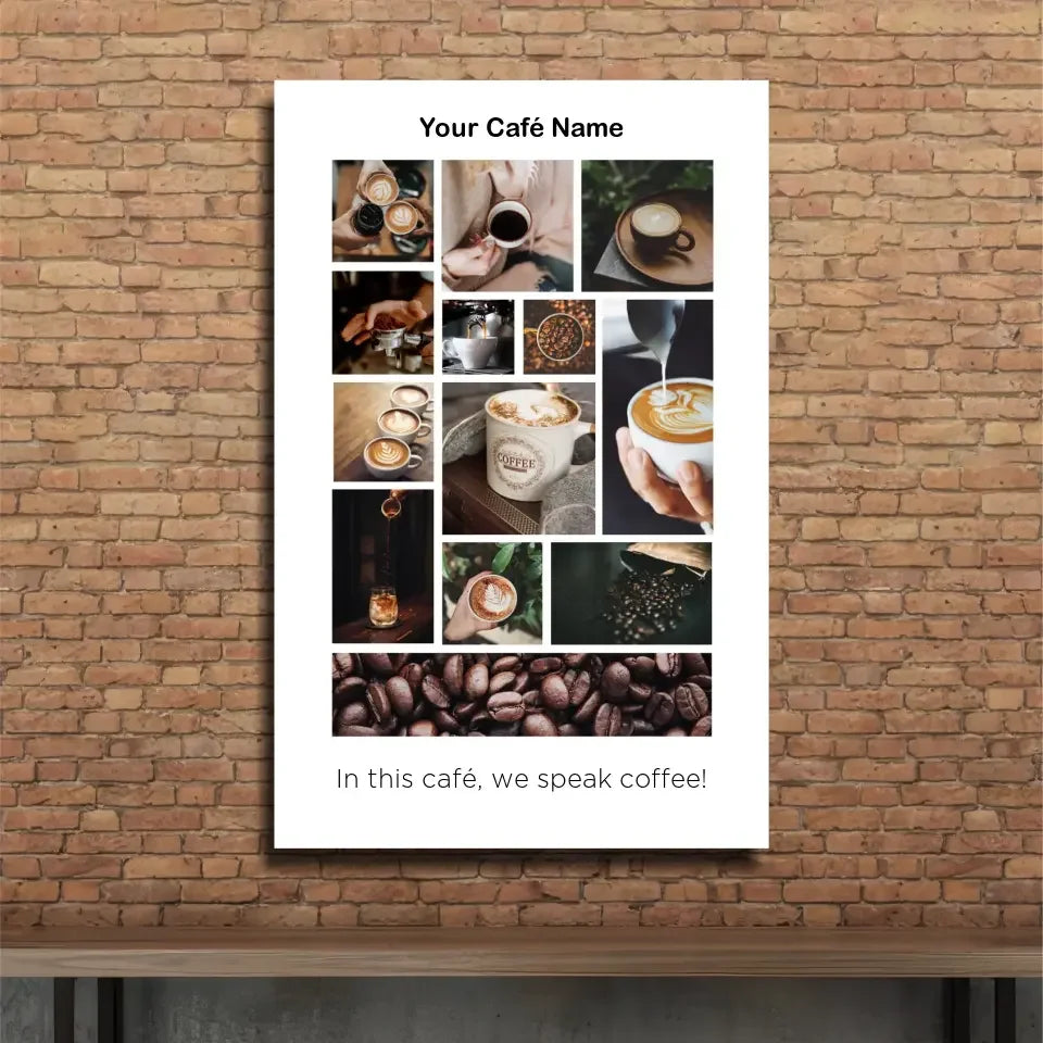 Customizable coffee grid cafe wall art with 9 drink photos and beans