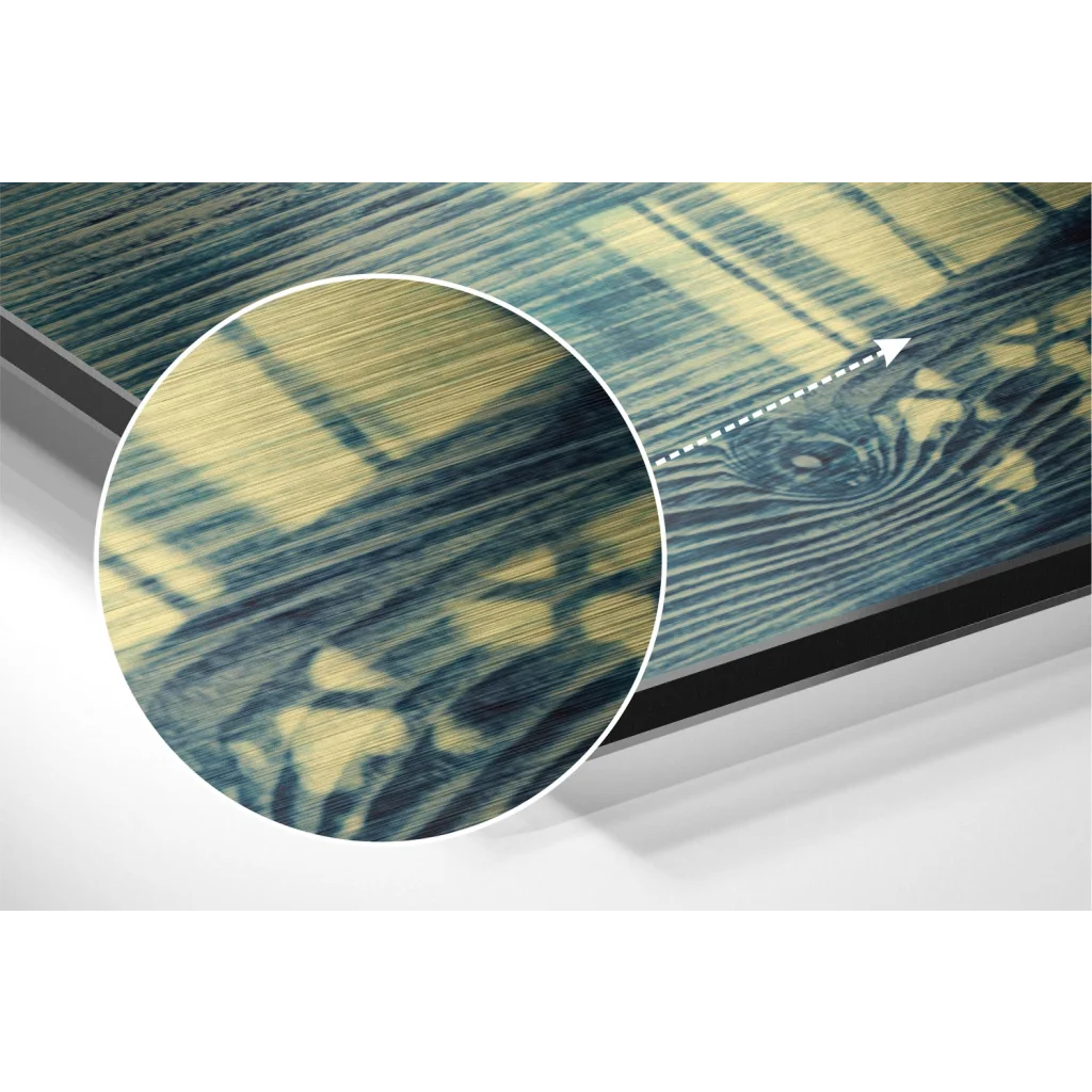 Stunning brushed aluminium dibond wall art with rustic wood grain in teal and yellow tones