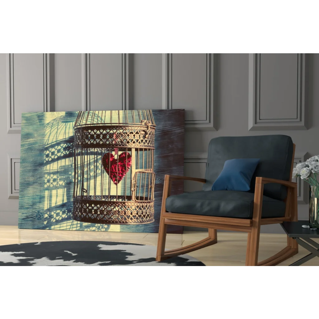 Vintage birdcage heart canvas wall art print on teal beige background