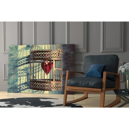 Vintage birdcage heart canvas wall art print on teal beige background