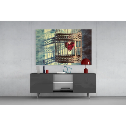 Ornate golden birdcage with red heart vintage wall art print
