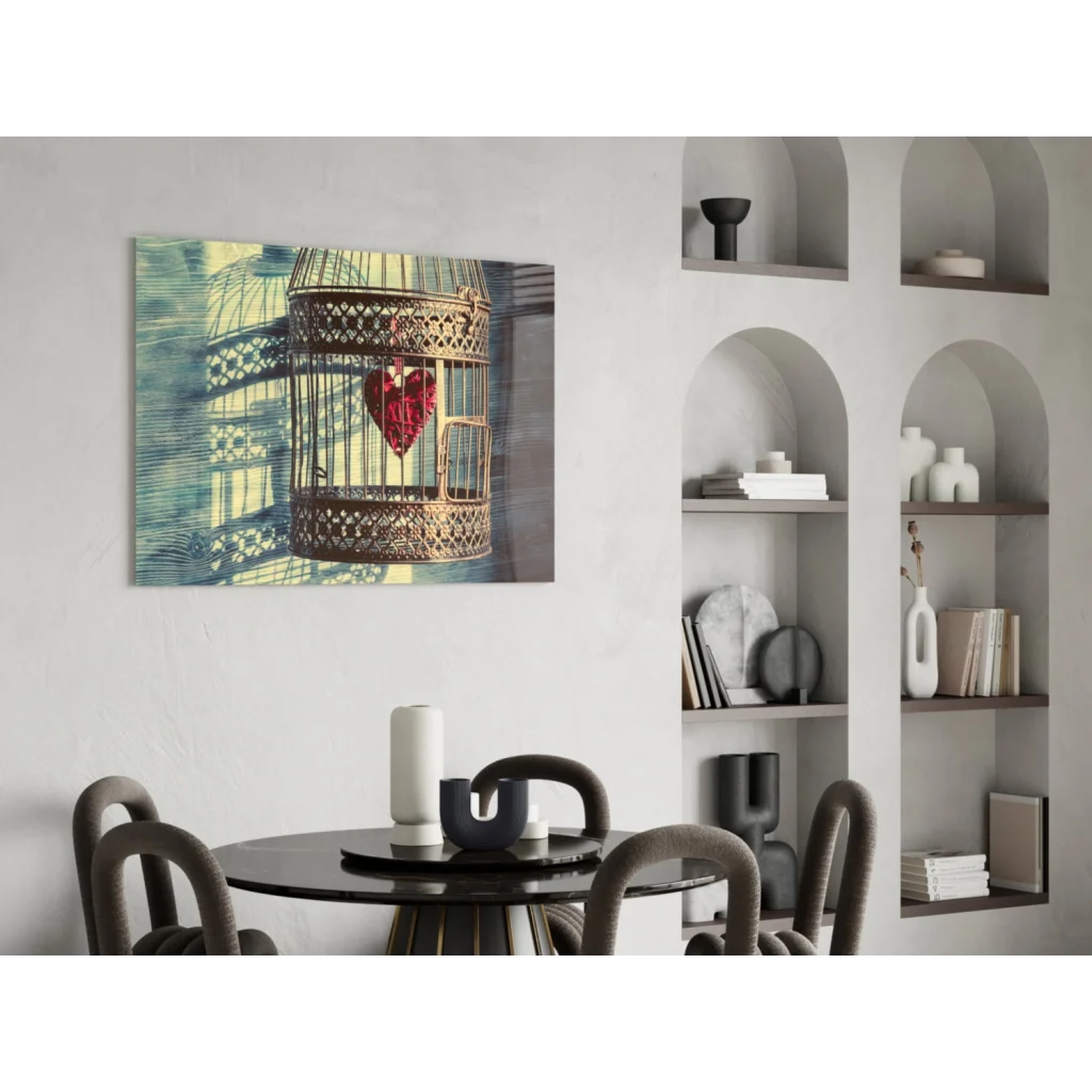 Vintage birdcage heart wall art print with intricate latticework
