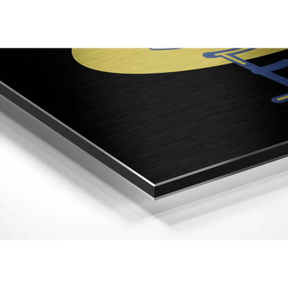Cake It Easy brushed aluminium dibond wall art with yellow and blue graphics