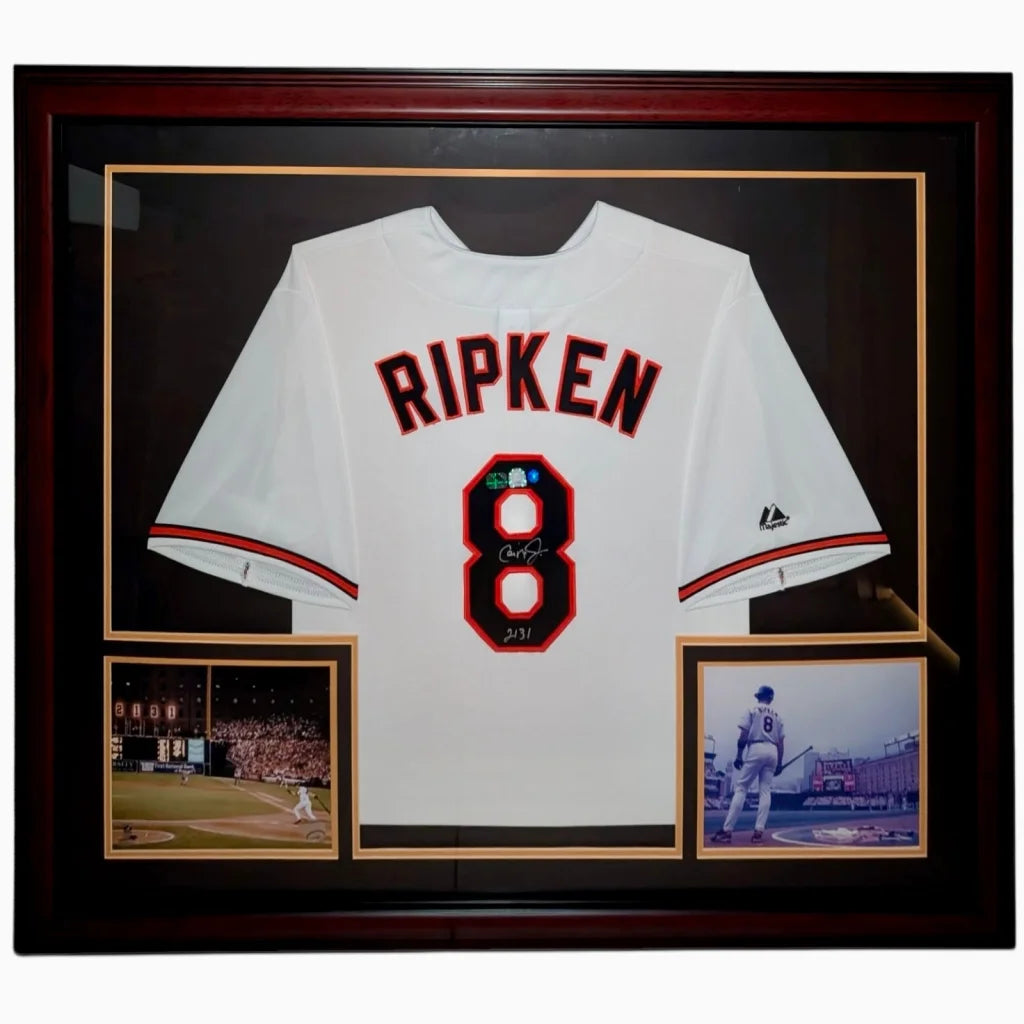 Cal Ripken autographed Baltimore Orioles deluxe framed white #8 Ripken jersey