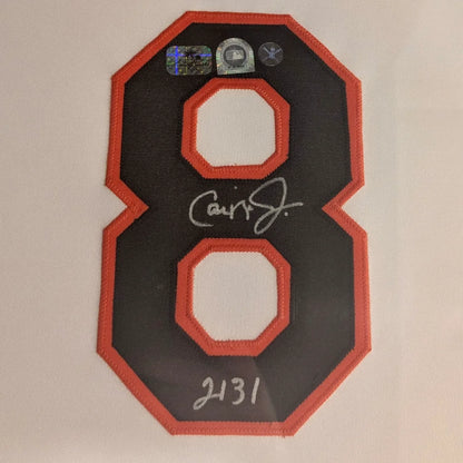 Cal Ripken autographed black orange #8 patch on deluxe framed Orioles jersey