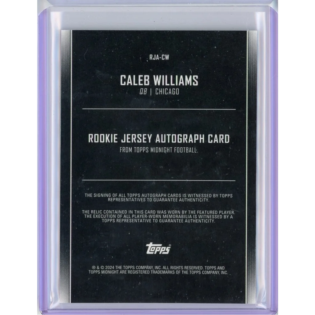 Dark-colored Caleb Williams Topps Rookie Jersey Autograph Card 43/50 authentic trading card