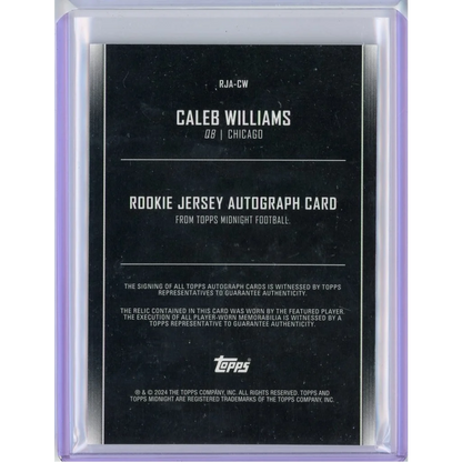 Dark-colored Caleb Williams Topps Rookie Jersey Autograph Card 43/50 authentic trading card