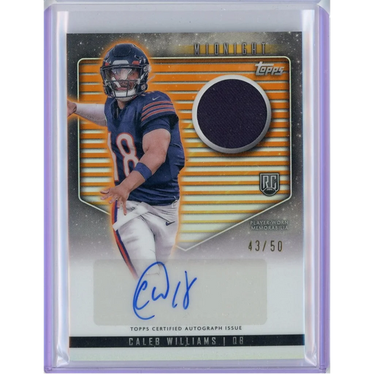 Caleb Williams Topps rookie autographed football card with jersey patch, numbered 43/50