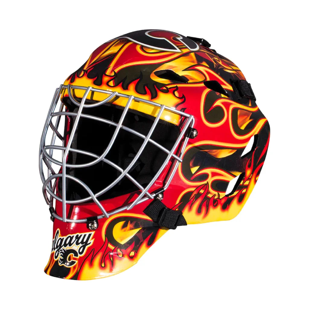 Calgary Flames mini goalie mask in molded plastic with fiery red flame design