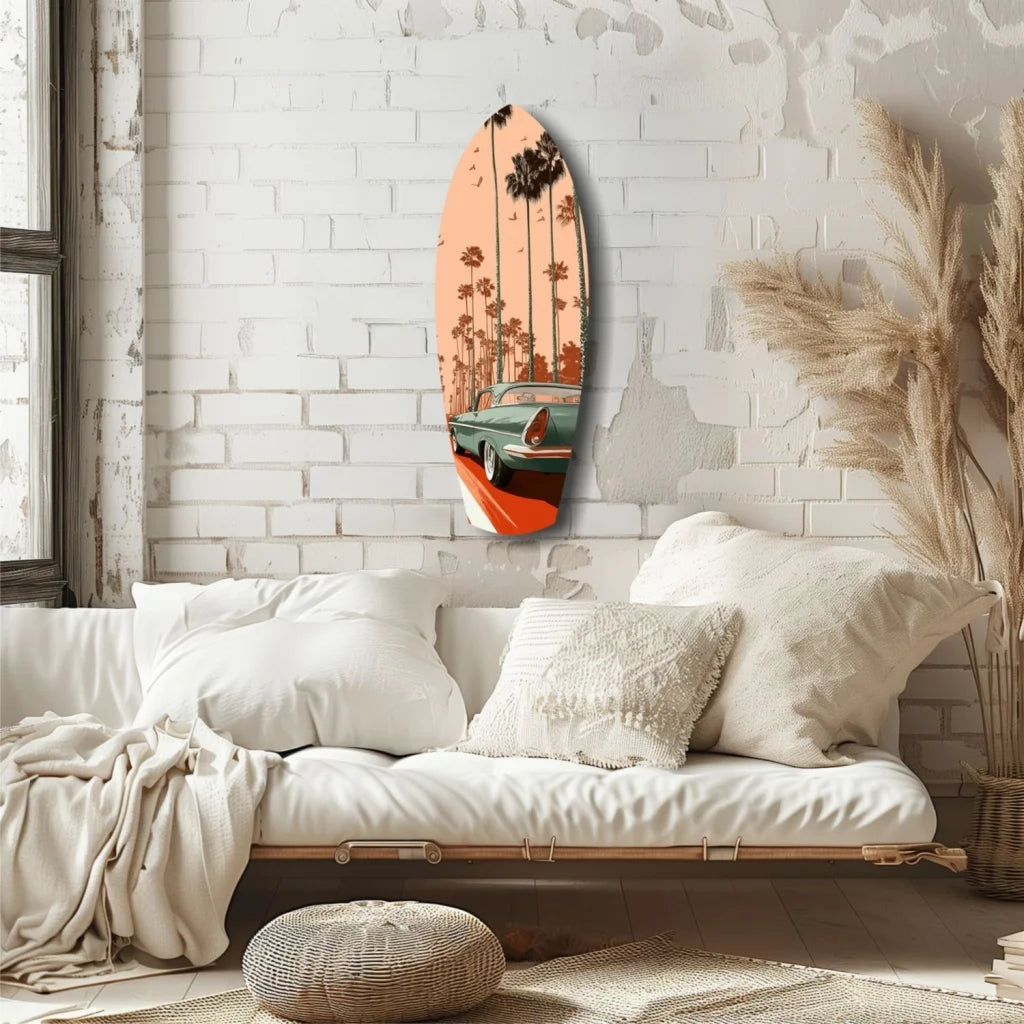 Retro California Dreams tempered glass art with teal car and sunset palms