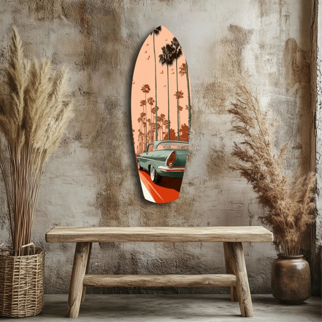 Vintage surfboard tempered glass art of teal car on orange road with palms