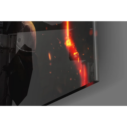 Futuristic armored warrior glass wall art with red laser beam on black frame