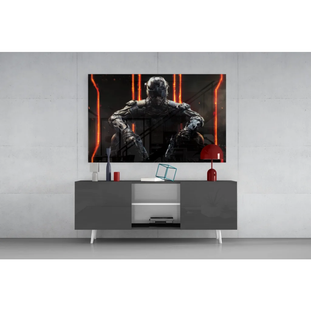 Futuristic armored warrior glass wall art with glowing orange lights