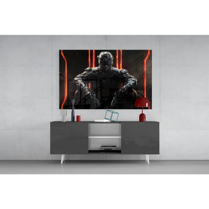 Futuristic armored warrior glass wall art with glowing orange lights