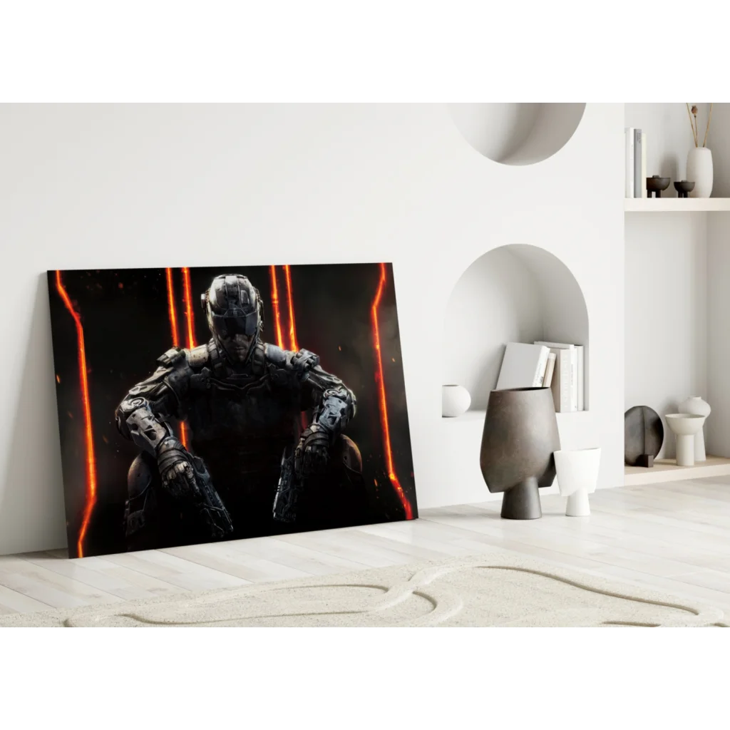 Futuristic armored warrior glass wall art with glowing orange lights
