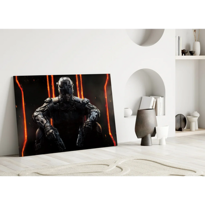 Futuristic armored warrior glass wall art with glowing orange lights