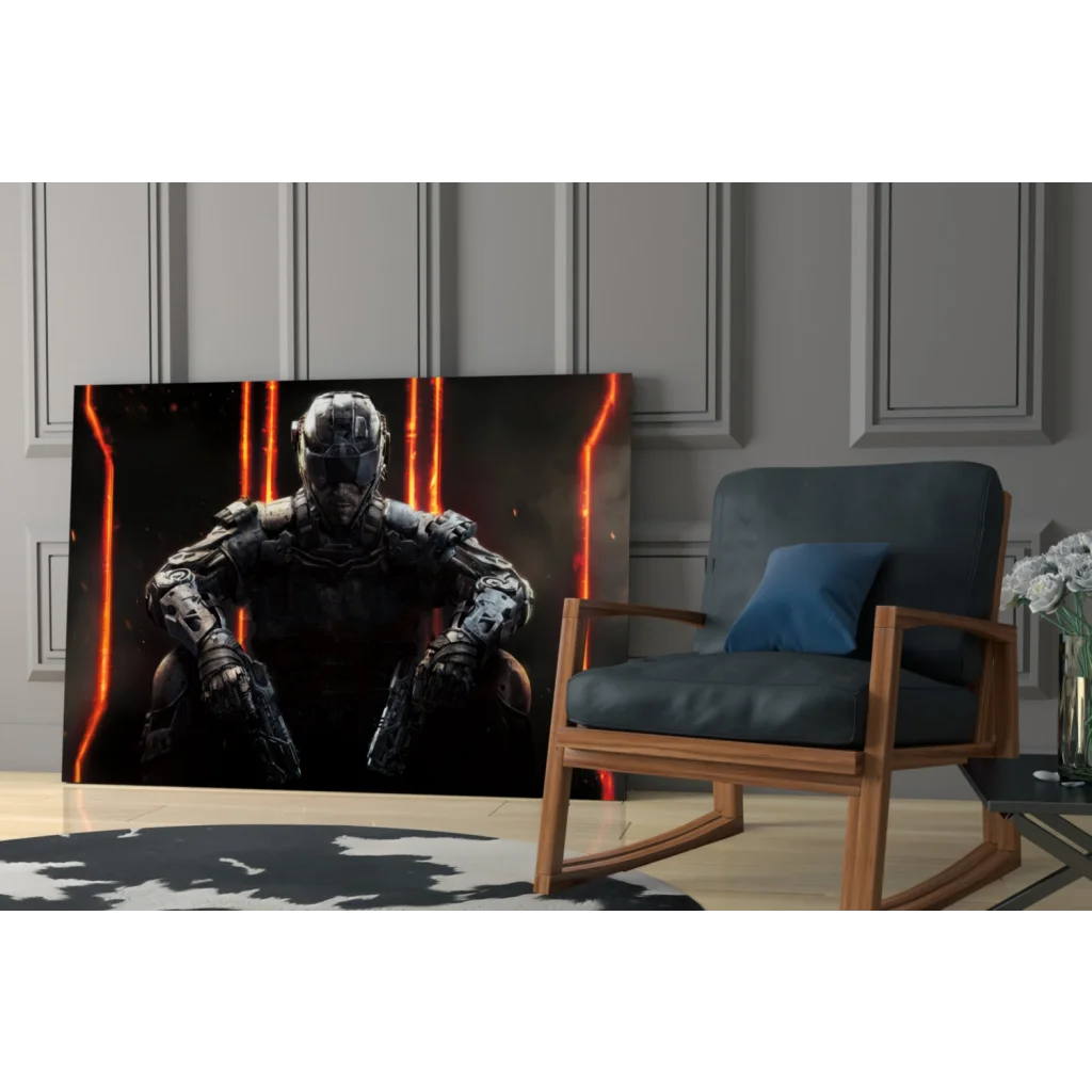 Futuristic armored warrior glass wall art with black orange gaming theme