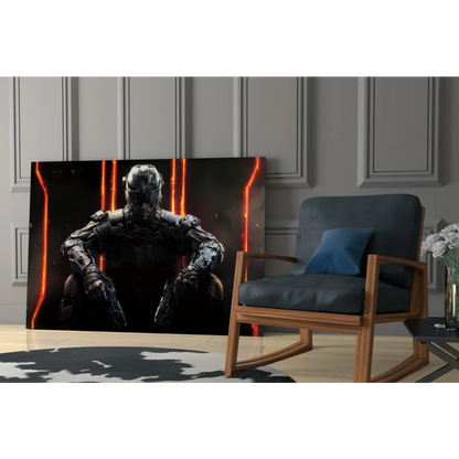 Futuristic armored warrior glass wall art with black orange gaming theme