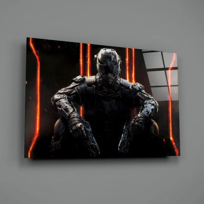 Futuristic black armored warrior glass wall art with glowing orange lights