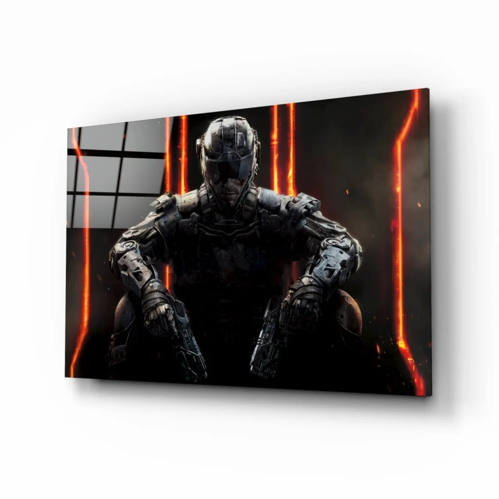 Futuristic black and silver armored warrior glass wall art with glowing orange lights