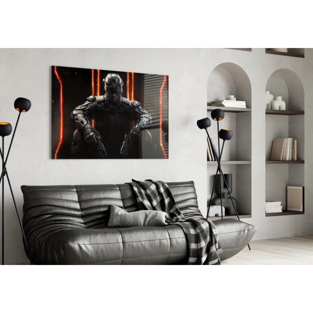 Futuristic armored warrior in black orange frame, glowing glass wall art