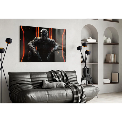 Futuristic armored warrior in black orange frame, glowing glass wall art