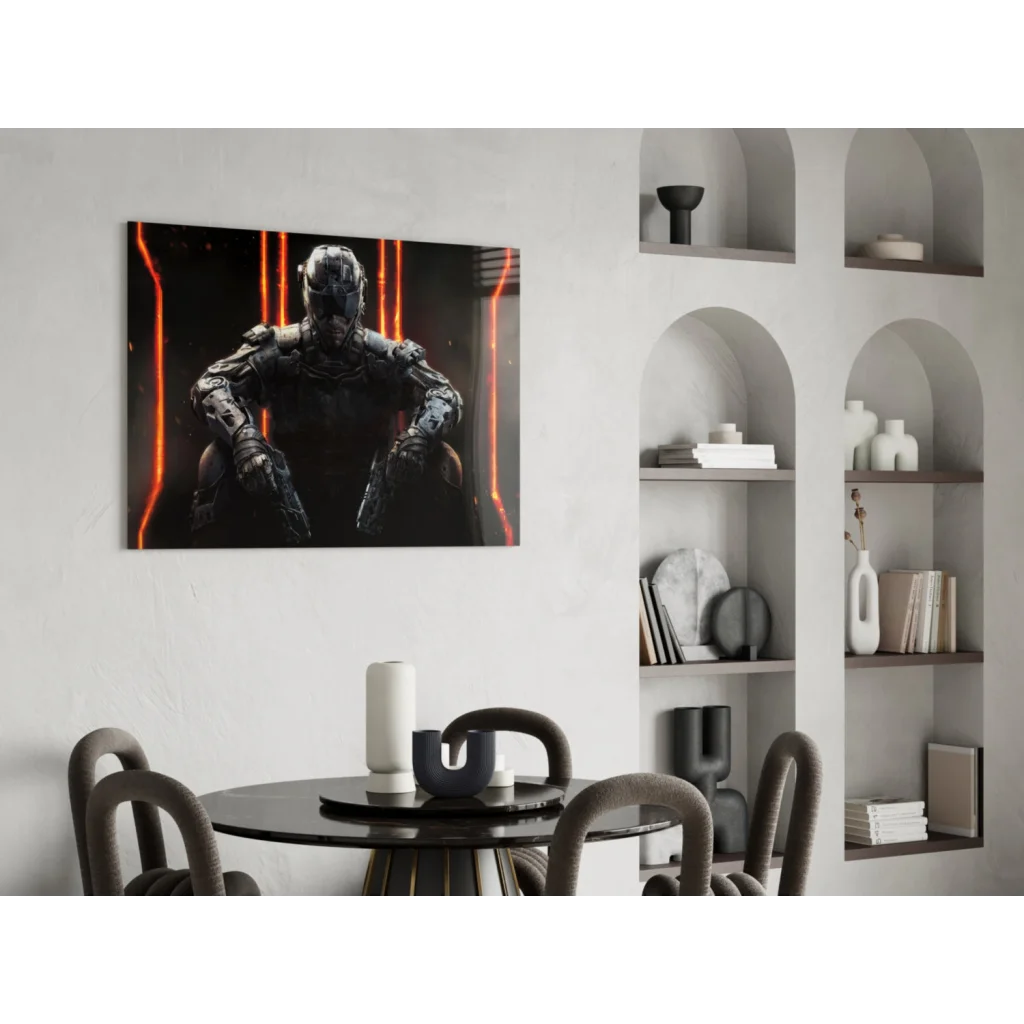 Sleek black orange futuristic armored warrior glass wall art with glowing lights
